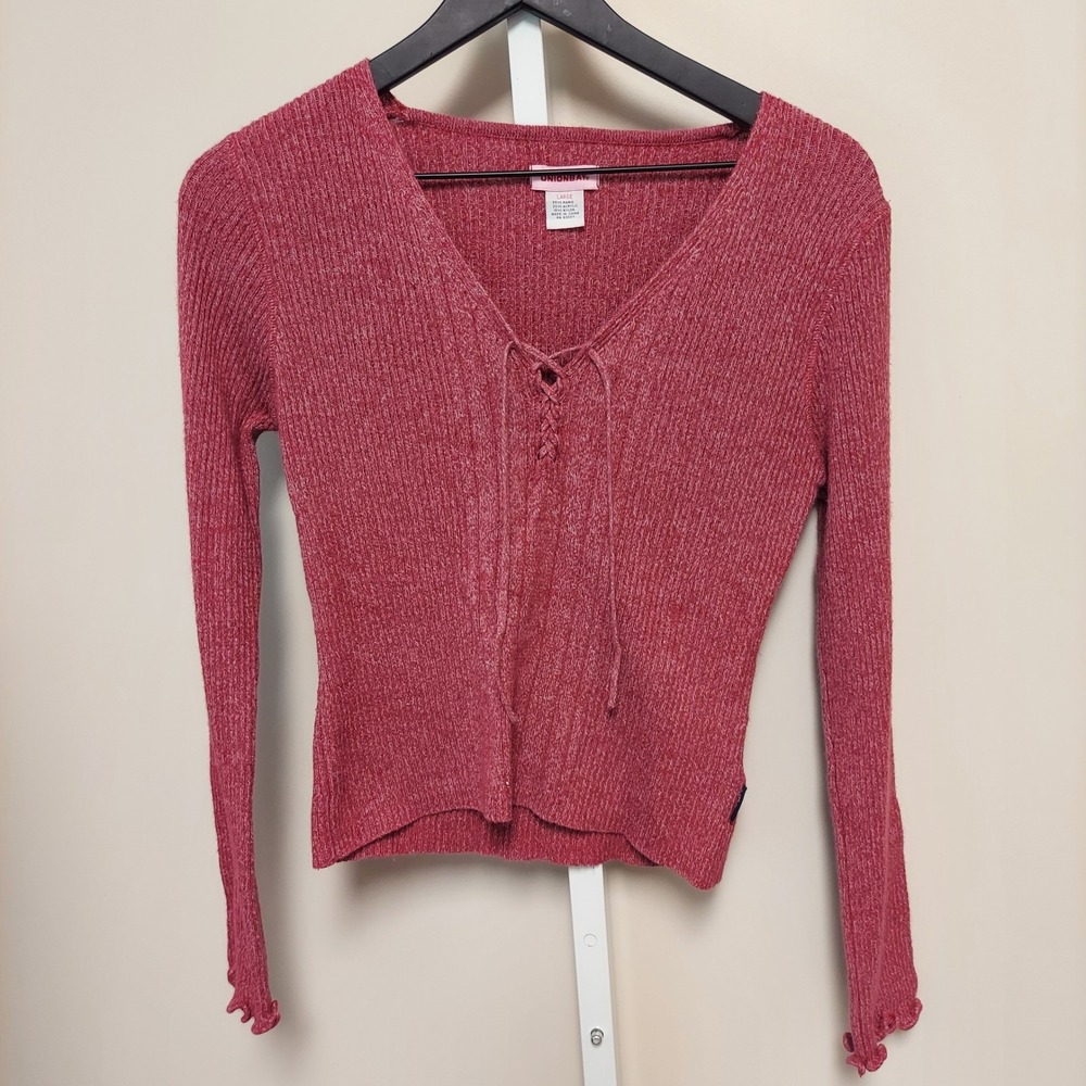 Unionbay Women Y2K Red Ribbed Lace Up V-Neck Long Sleeve Top Large Grunge Fairy